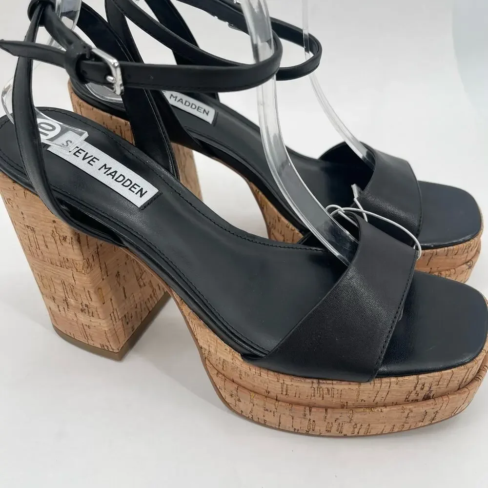 NEW STEVE MADDEN Warped Heels Size 10 Platform Leather Black Cork Y2K Inspired